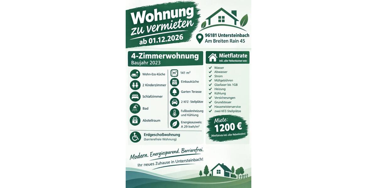 Erdgeschoßwohnung Rauhenebrach - 4 Zimmer, 141 m&sup2;, 1.200&euro; | Angebot:27580112